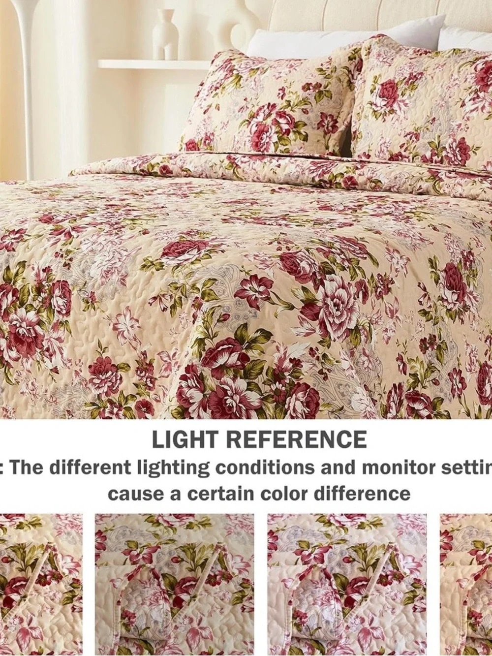 Reversible Floral Quilt in Cream and Burgundy - Elegant Bedroom Bedding